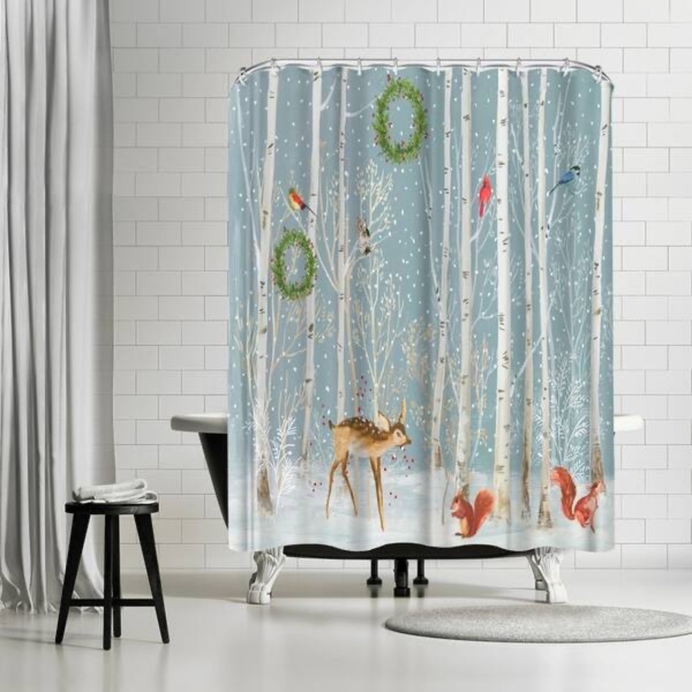 Blue Woodland Shower Curtain with Snowflakes